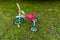 children tricycle on the green grass. Vintage metal bicycle with red seat
