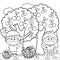 Children under a cherry tree picking cherries. Vector black and white coloring page.