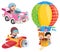 Children Using Car, Plane And Hot Air Balloon