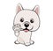 Children vector illustration of funny little Sitting puppy dog raised his front paw and looking up. cheerful puppy with a raised p