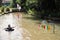 Children in the village play cheerful water slides on the river,