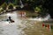 Children in the village play cheerful water slides on the river,