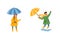 Children walking with umbrellas on rainy windy day. Boy and girl in casual autumn outfit holding umbrella cartoon vector