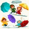 Children walking under raining sky with an umbrella, drops of rain are dripping into puddles, raining boy or girl in