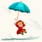 Children walking under raining sky with an umbrella, drops of rain are dripping into puddles, raining kid girl in