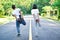 Children warm up before running on the road