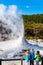 Children watch the eruption of Lady Knox geyser in Wai-O-Tapu, Rotorua, New Zealand. Vertical