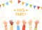 Children wave their hands at a party with flags. Children`s hands raised up. The concept of a children`s holiday and a