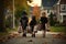 children wearing Halloween costumes and holding bags for trick or treat.