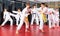 Children working in pair mastering new karate moves during group class