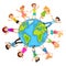 The children of the world come together for peace in colorful clothes. Earth and kids vector illustration.