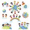 Children world vector happy kids on planet earth in peace and worldwide earthly friendship illustration peaceful