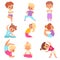 Children yoga. Cute kids yoga poses collection, happy flexible boys and girls in lotus meditation position, asana and