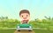 Childrens adventure in small car. Jungle road. Kid drives pedal or electric toy automobile. Cartoon illustration. Summer