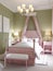 Childrens bedroom with a large pink bed and a canopy over, pistachio-colored walls