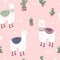 Childrens bright seamless pattern in cartoon style. Cute llamas in colorful ethnic blankets, cacti, stars, pink
