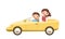 Childrens car. Kids rides on yellow modern cabriolet automobile. Toy vehicle. With a motor. Cute passenger auto