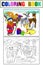 Childrens color and coloring cartoon animal friends in nature. Santa claus on the north pole next to sleighs and magical