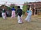 Childrens competiting in sack race. Celebration to welcome Independence day of Indonesia