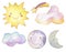childrens cute watercolor sky objects. smiling sun, rainbow clouds, full moon, comet on white background