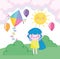 Childrens day, happy girl with kite balloons sun sky and grass cartoon