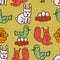 Childrens drawing forest animals seamless pattern. Rabbits ornament. Hive and birds. Nest with eggs