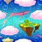 Childrens fantastic pattern. Flying islands and pink whales. Islands, whales, birds, bubbles fly or float in the sky. On the