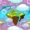 Childrens fantastic pattern. Flying islands and whales. Islands, whales, birds, bubbles fly or float in the sky. On the islands of