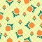 Childrens funny patterns. Seamless abstract pattern on a beige light background. Green and orange element and turquoise