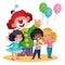 Childrens holiday with clown children with balloons, isolated object on a white background, vector illustration,