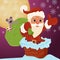 Childrens illustration of Christmas and new year theme in the style of flat Santa Claus with a bag of gifts climbs into the chimne