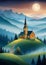 Childrens Illustration Of Church In The Night Fog In The European Mountains Landscape Panoramic View. Generative AI