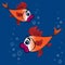 Childrens illustration, design, pattern - a pair of surprised goldfish with big red lips and huge eyes on a background of blue