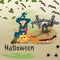 Childrens illustration in flat style, on the theme of all saints eve, Halloween, a little witch with a broom sitting on a pumpkin