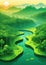 Childrens Illustration Of . Generative. Beautiful Green Amazon Forest Landscape At Sunset Sunrise. Adventure Explor. Generative AI