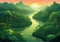 Childrens Illustration Of . Generative. Beautiful Green Amazon Forest Landscape At Sunset Sunrise. Adventure Explor. Generative AI