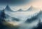 Childrens Illustration Of . Generative. Photo Realistic Illustration Of Mountains Forest Fog Morning Mystic. Graphi. Generative AI