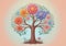 Childrens Illustration Of Human Brain Tree With Flowers, Self Care And Mental Health Concept, Positive Thinking, Cr. Generative AI