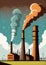 Childrens Illustration Of Industrial Brown Coal Power Plant Chimney Smokestack Emission. Generative AI