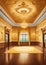 Childrens Illustration Of Majestic Ballroom With A Polished Wooden Floor Intricate Ceiling Details And Golden Wall . Generative AI