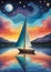 Childrens Illustration Of A Painting Of A Sailboat Floating On A Body Of Water In Front Of A Colorful Sky Filled Wi. Generative AI