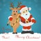 Childrens illustration of Santa Claus hugging a Christmas deer