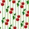 Childrens pattern. Seamless pattern with cheerful cherries and green stripes. Bright and memorable drawing.