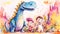 childrens pencil drawing depicts playful dinosaurs and kids having a blast together