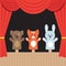 Childrens puppet theater scene with cute animals and red curtain. Cartoon vector illustration