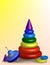 Childrens pyramid and toys on the floor, a disassembled educational toy for kids