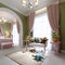 Childrens room in pistachio and pink color, two zones, a bedroom and a play area