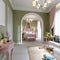 Childrens room in pistachio and pink color, two zones, a bedroom and a play area, an arch between the rooms