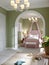 Childrens room in pistachio and pink color, two zones, a bedroom and a play area, an arch between the rooms