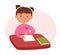 Childrens daily routine vector illustration. Cute cheerful girl doing a homework. Ideal for childrens iteams